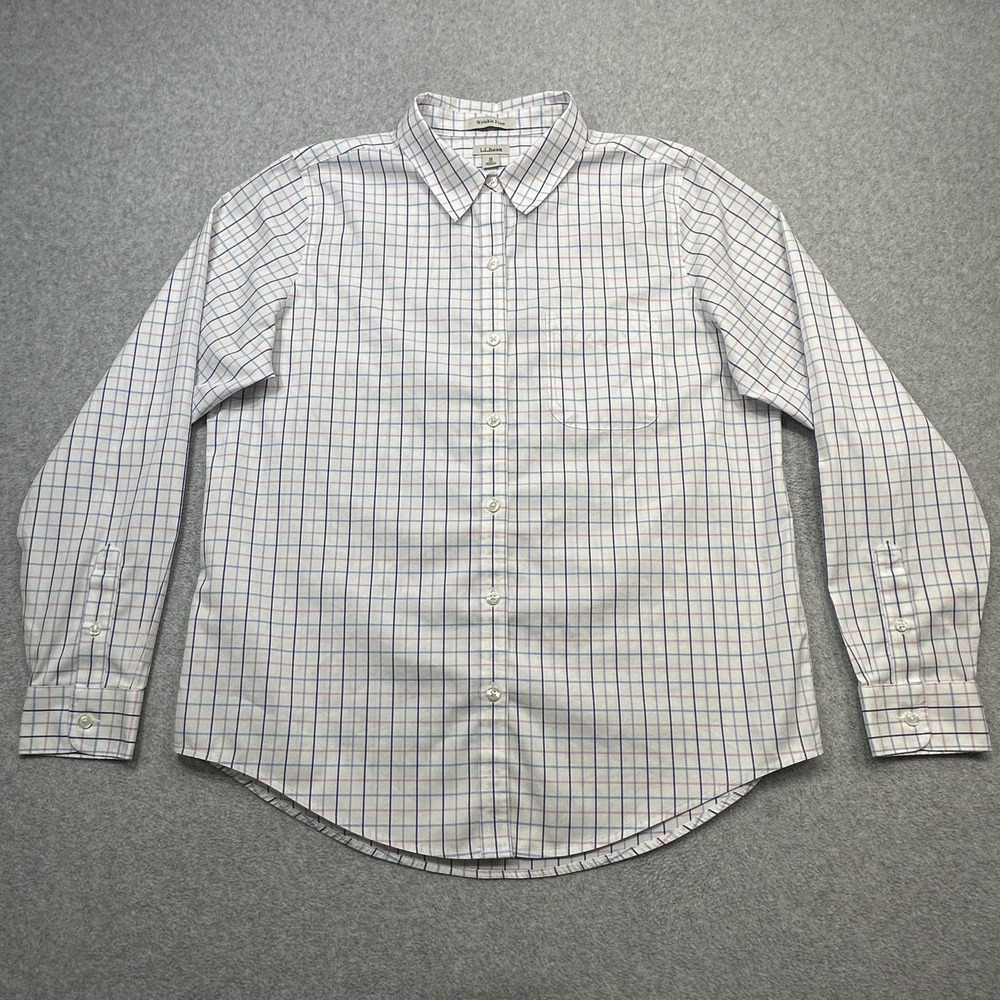 LL Bean Shirt Women Medium Pink Blue Plaid Wrinkle Free Long Sleeve Cotton